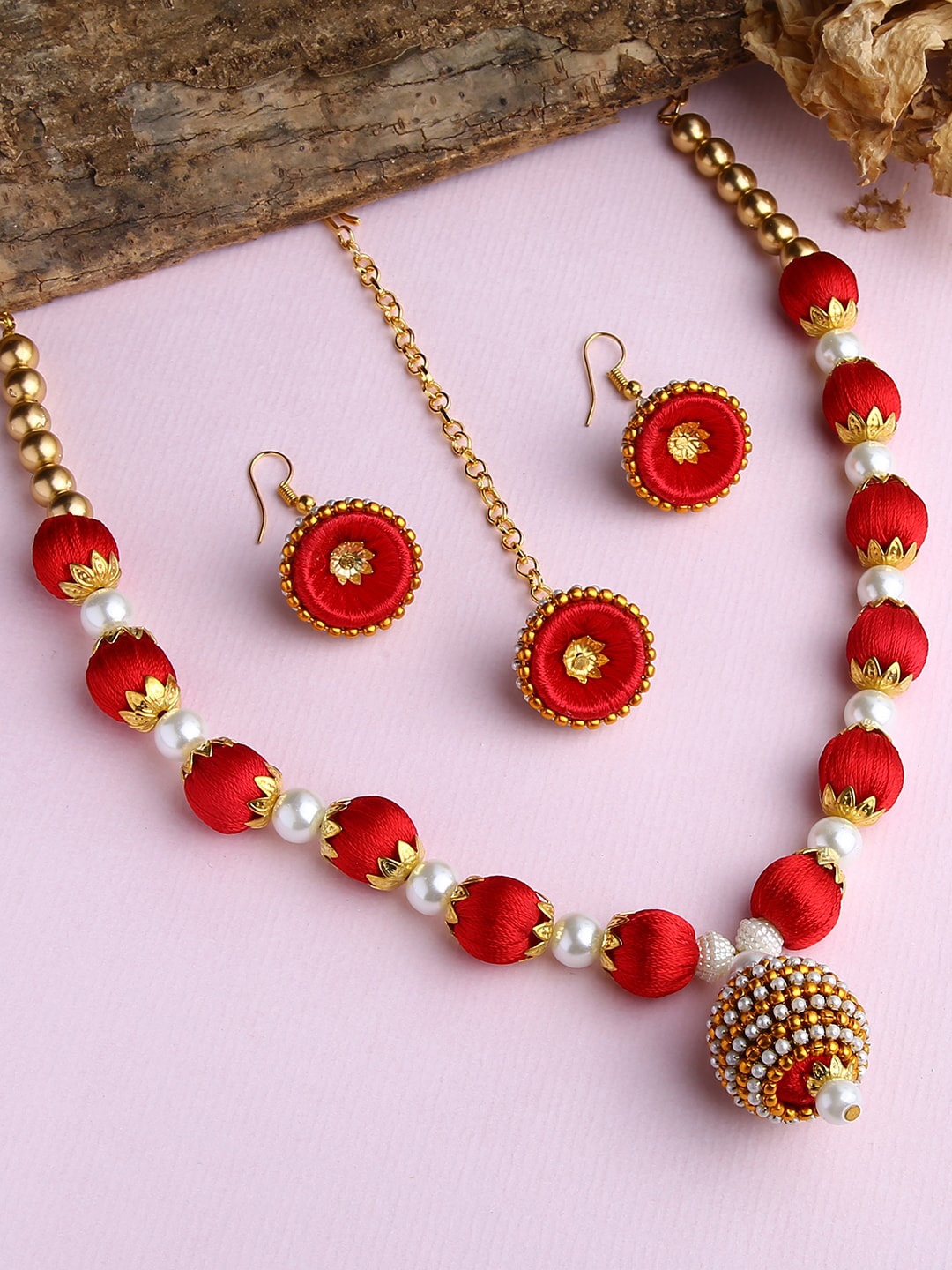 

AKSHARA Gold-Plated & White Handcrafted Silk Thread Jewellery Set