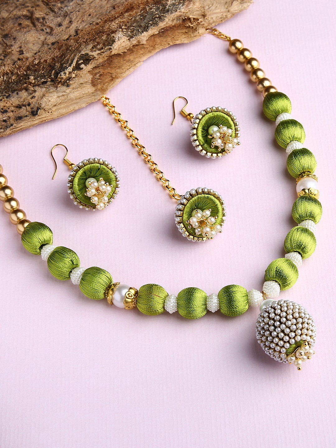 

AKSHARA Gold-Plated White & Green Stones-Studded & Beaded Wooden Balls Silk Thread Jewellery Set