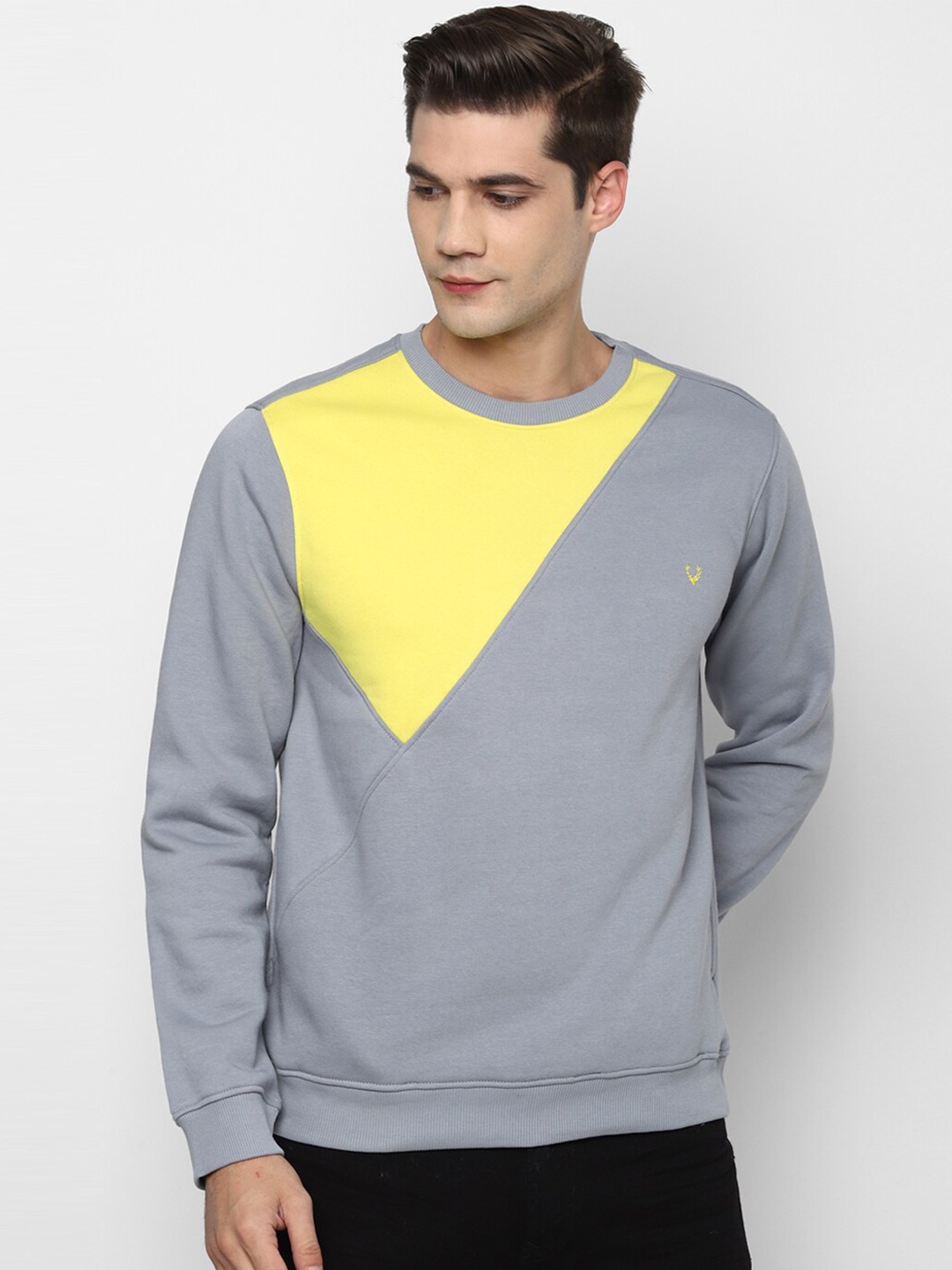 

Allen Solly Men Grey & Yellow Colourblocked Pure Cotton Sweatshirt