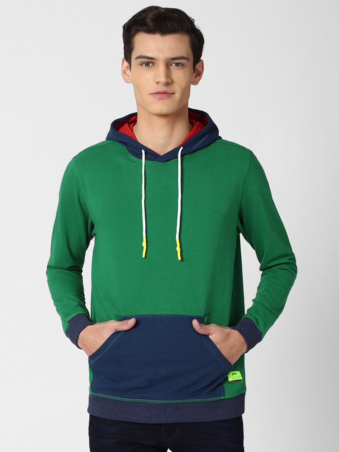 

Peter England Casuals Men Green Colourblocked Hooded Sweatshirt