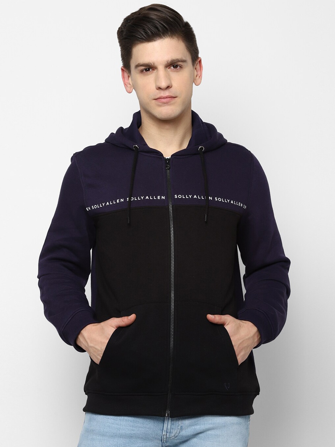 

Allen Solly Men Navy Blue & Black Hooded Sweatshirt