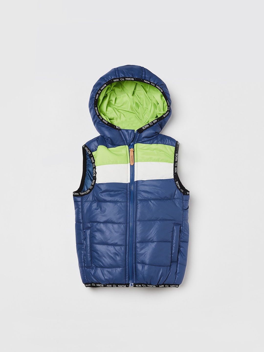 

Juniors by Lifestyle Boys Blue Fluorescent Green Colorblocked Hooded Padded Jacket