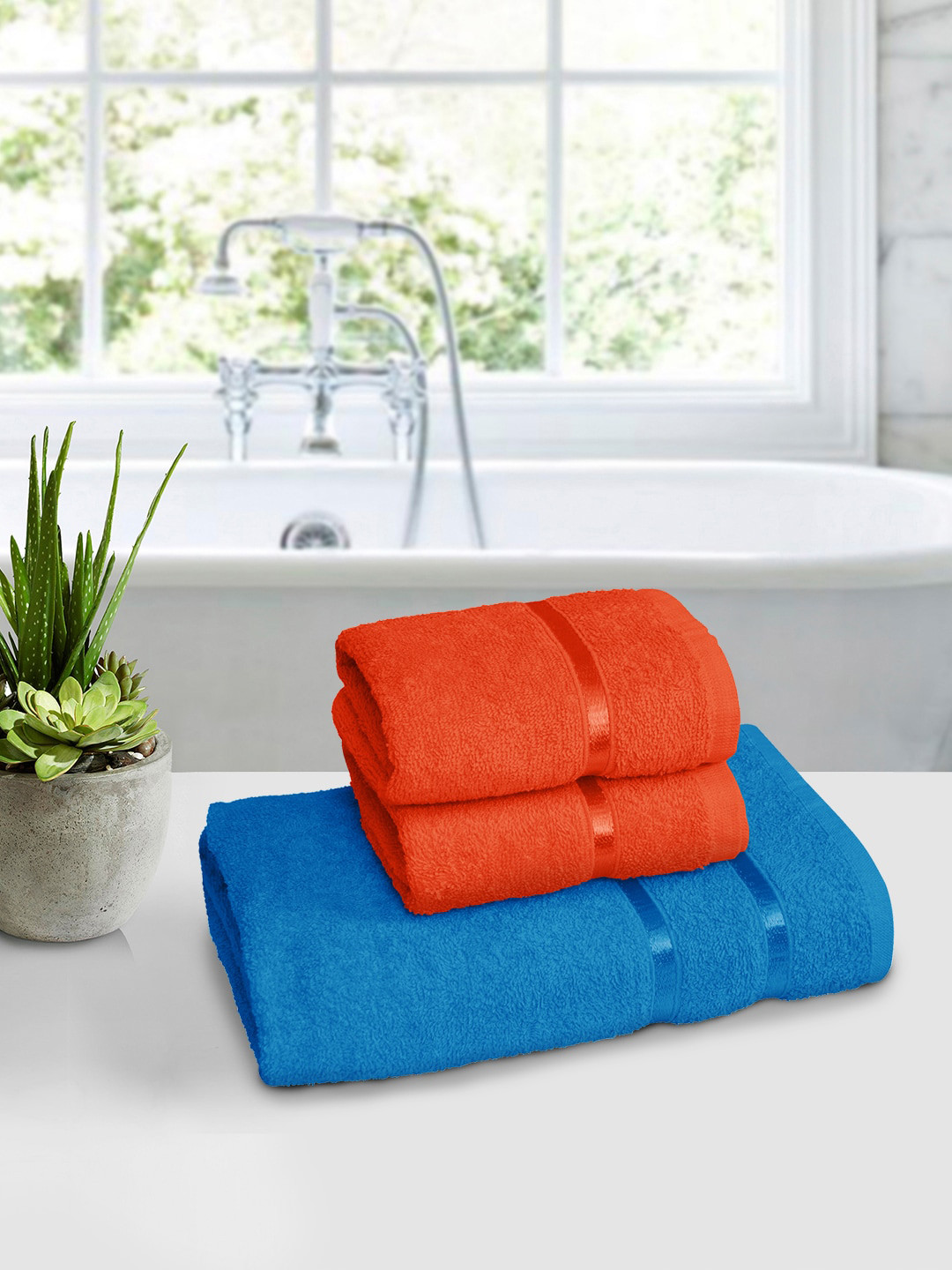 

Story@home Set Of 3 Blue & Red Solid 450 GSM Pure Cotton Towels