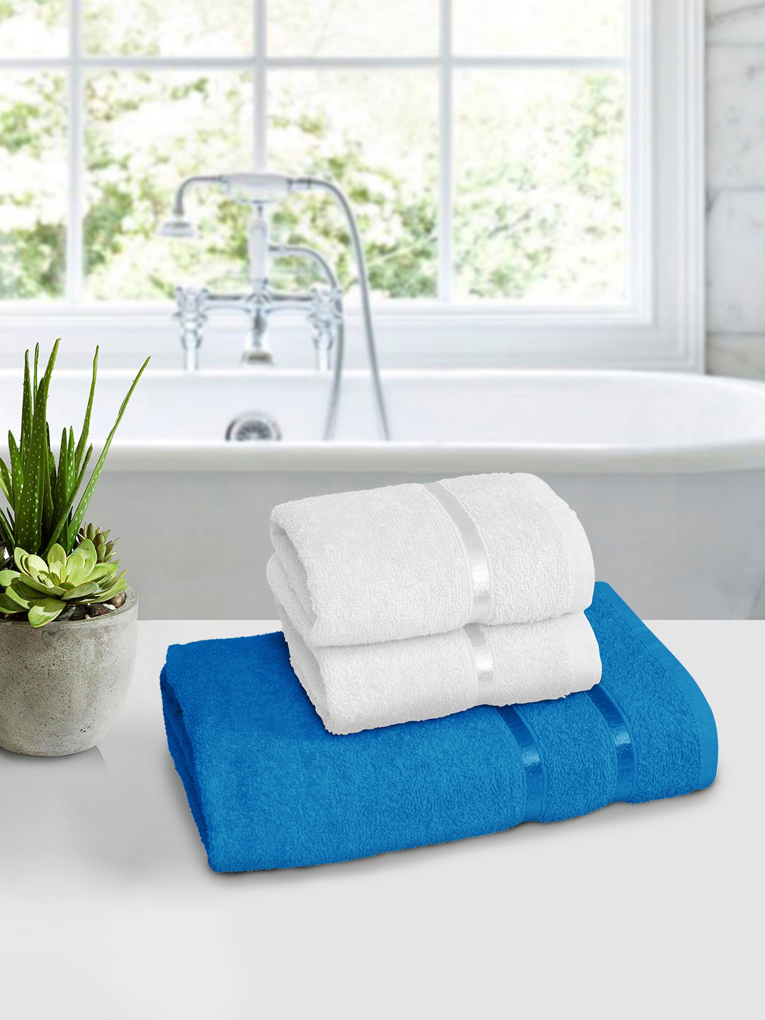 

Story@home Set of 3 White & Blue Solid Pure Cotton 450 GSM Bath & Hand Towel Set