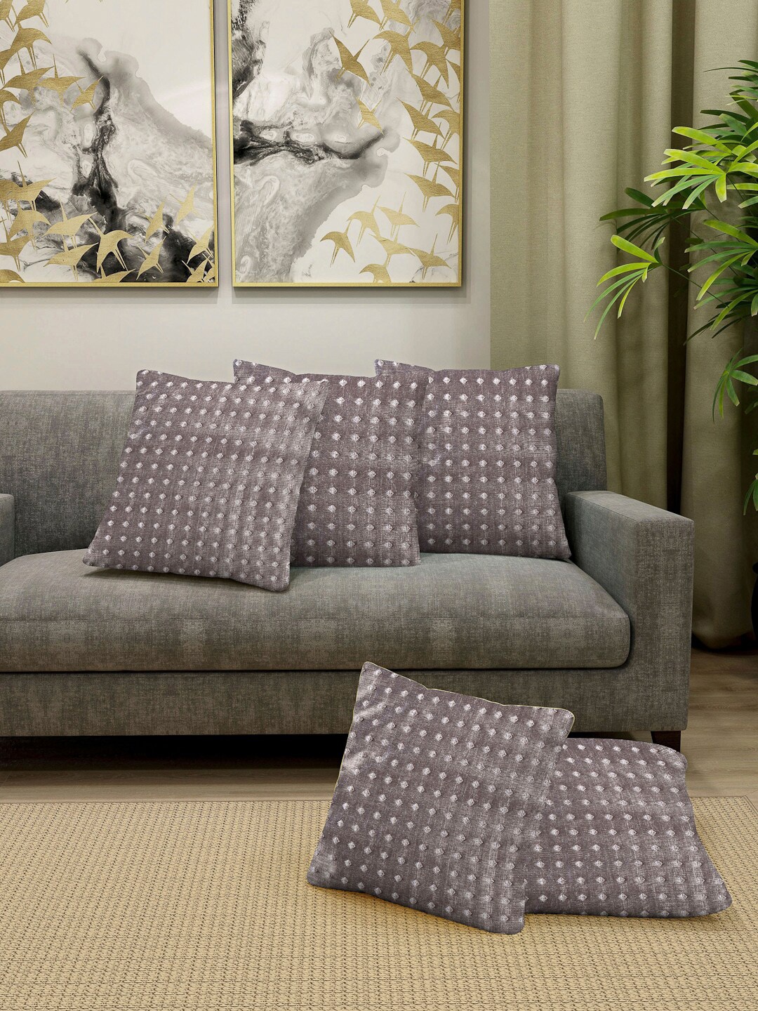 

Arrabi Grey Set of 5 Self Design Square Cushion Covers