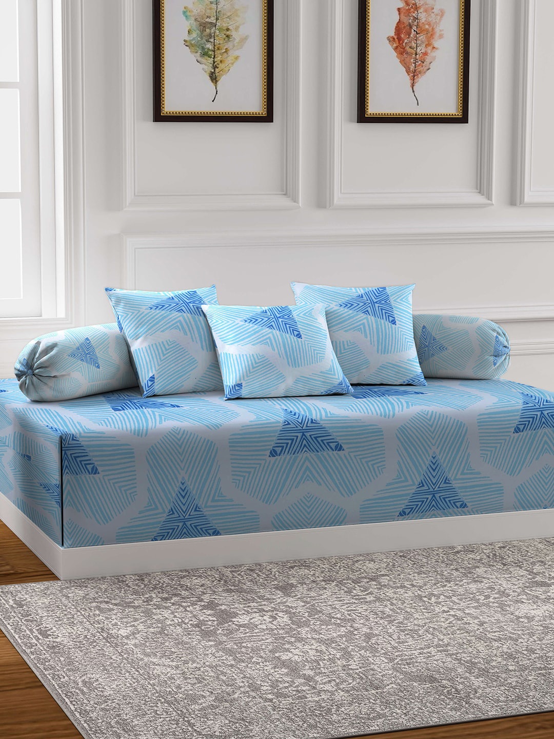 

Arrabi Set Of 6 Blue & White Printed Diwan Set