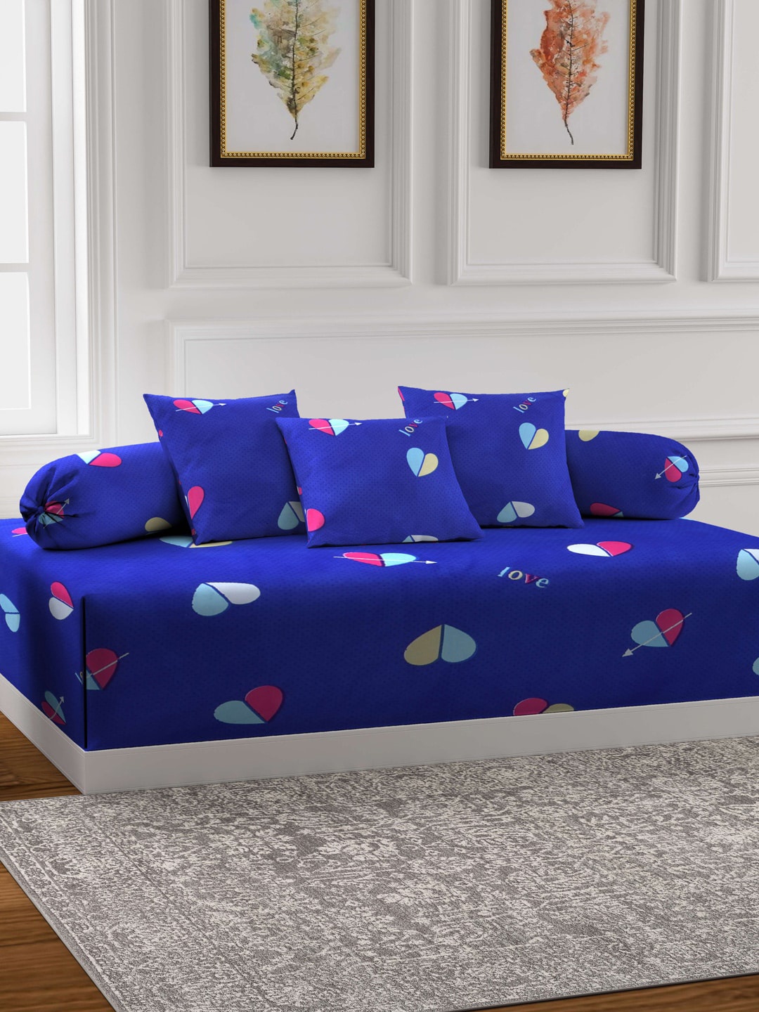 

Arrabi Set Of 6 Blue & Pink Printed Diwan Set
