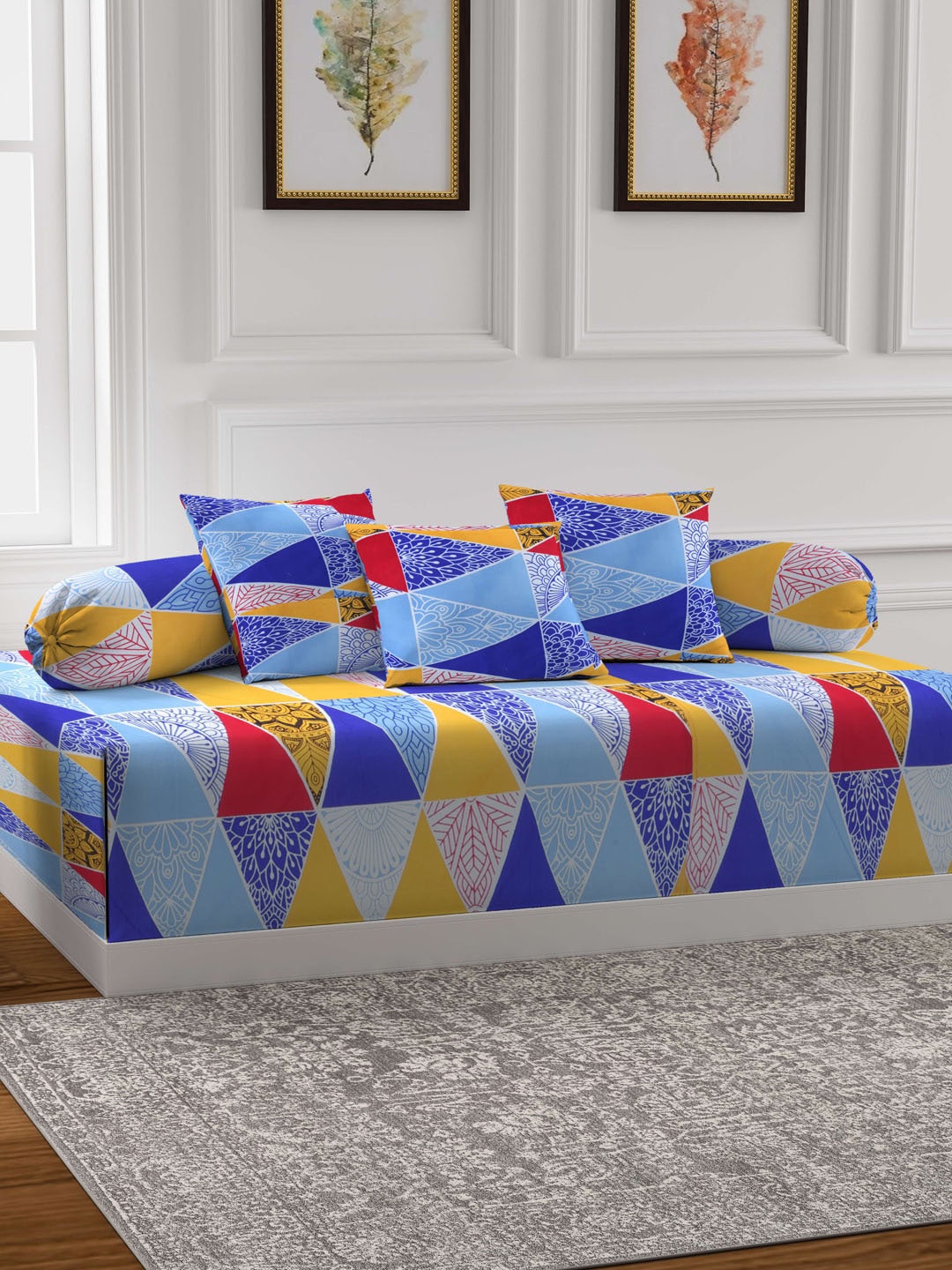 

Arrabi Set Of 6 Blue & Yellow Printed Diwan Set