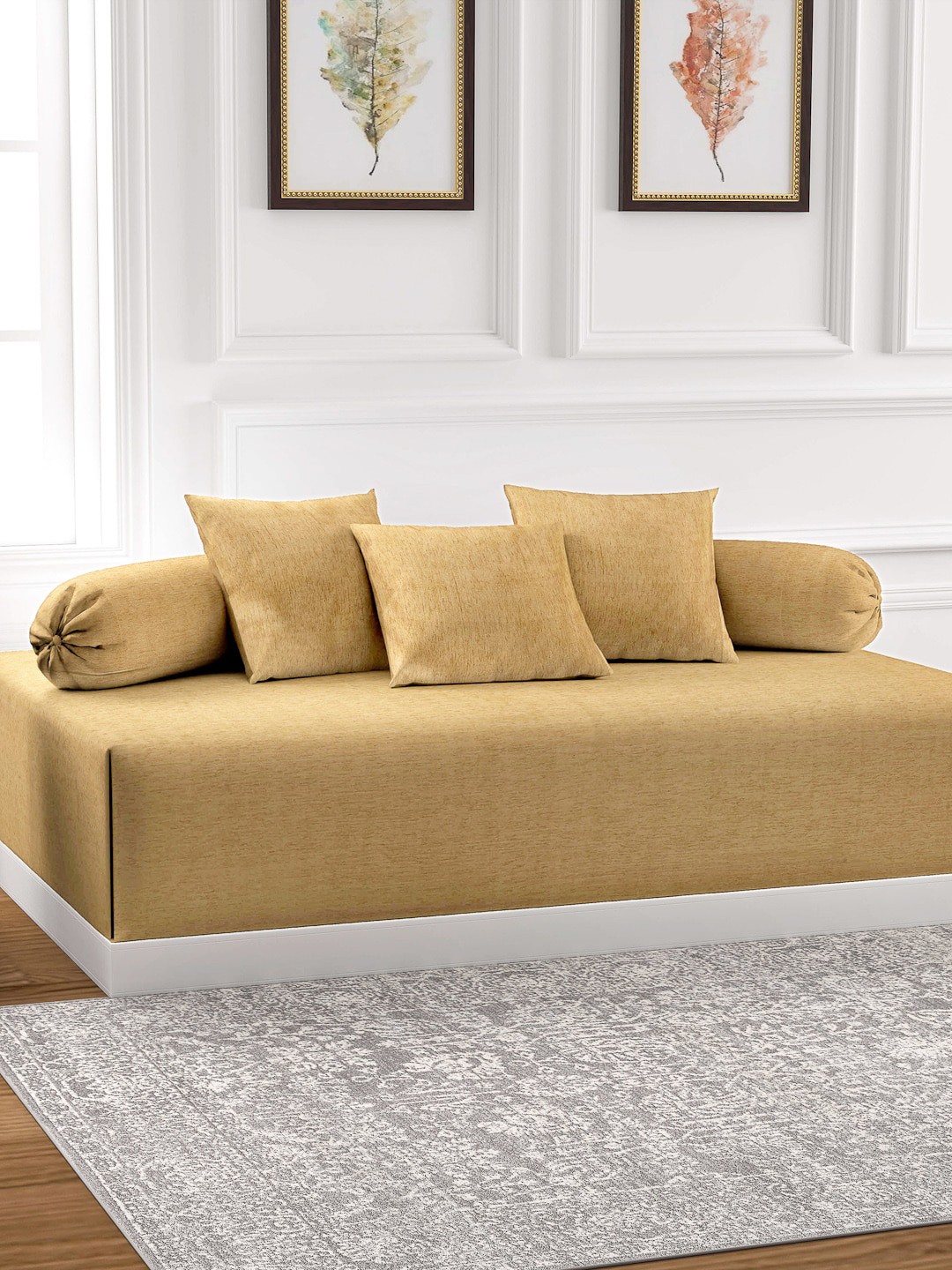 

Arrabi Set Of 6 Beige Solid Pure Cotton Diwan Set