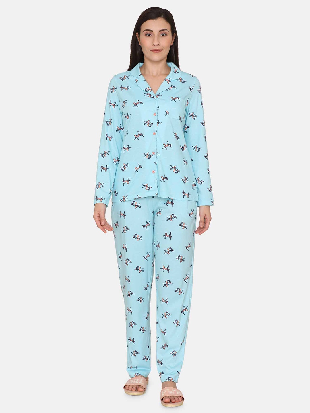

Zivame Women Cartoon Characters Printed Pure Cotton Night suit, Blue
