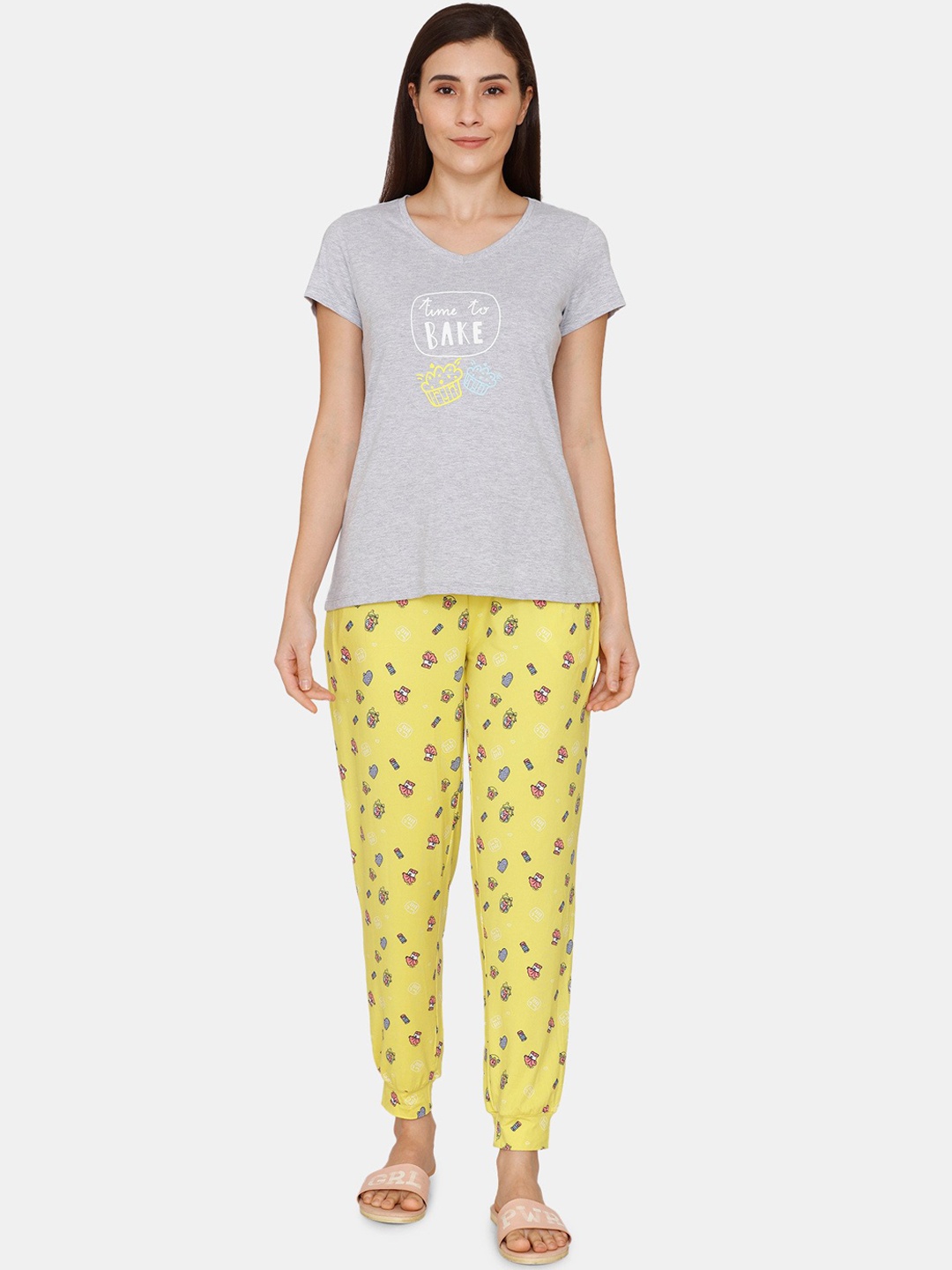 

Zivame Women Yellow & Grey Printed Pure Cotton Night suit