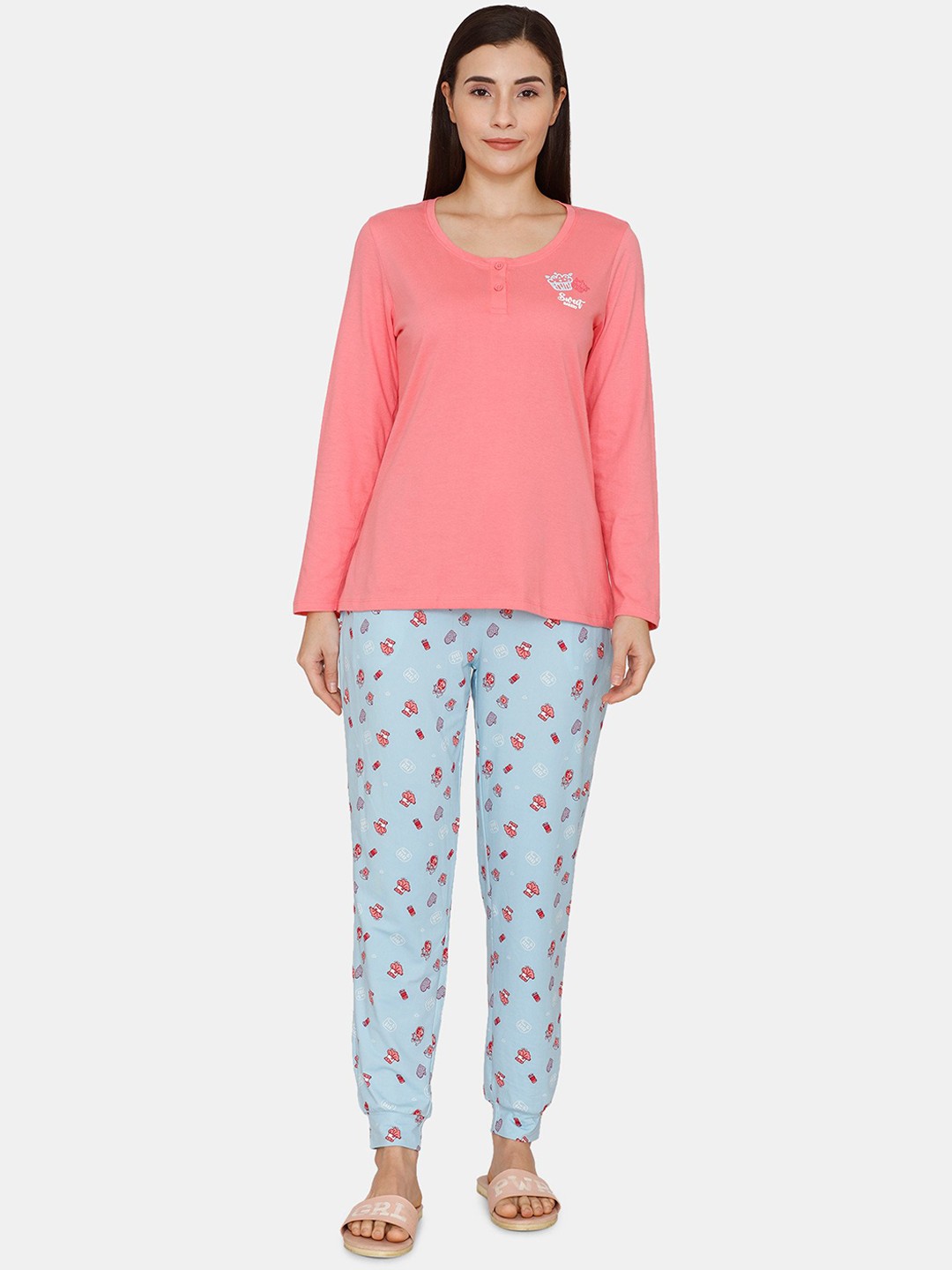 

Zivame Women Blue & Peach-Coloured Night suit