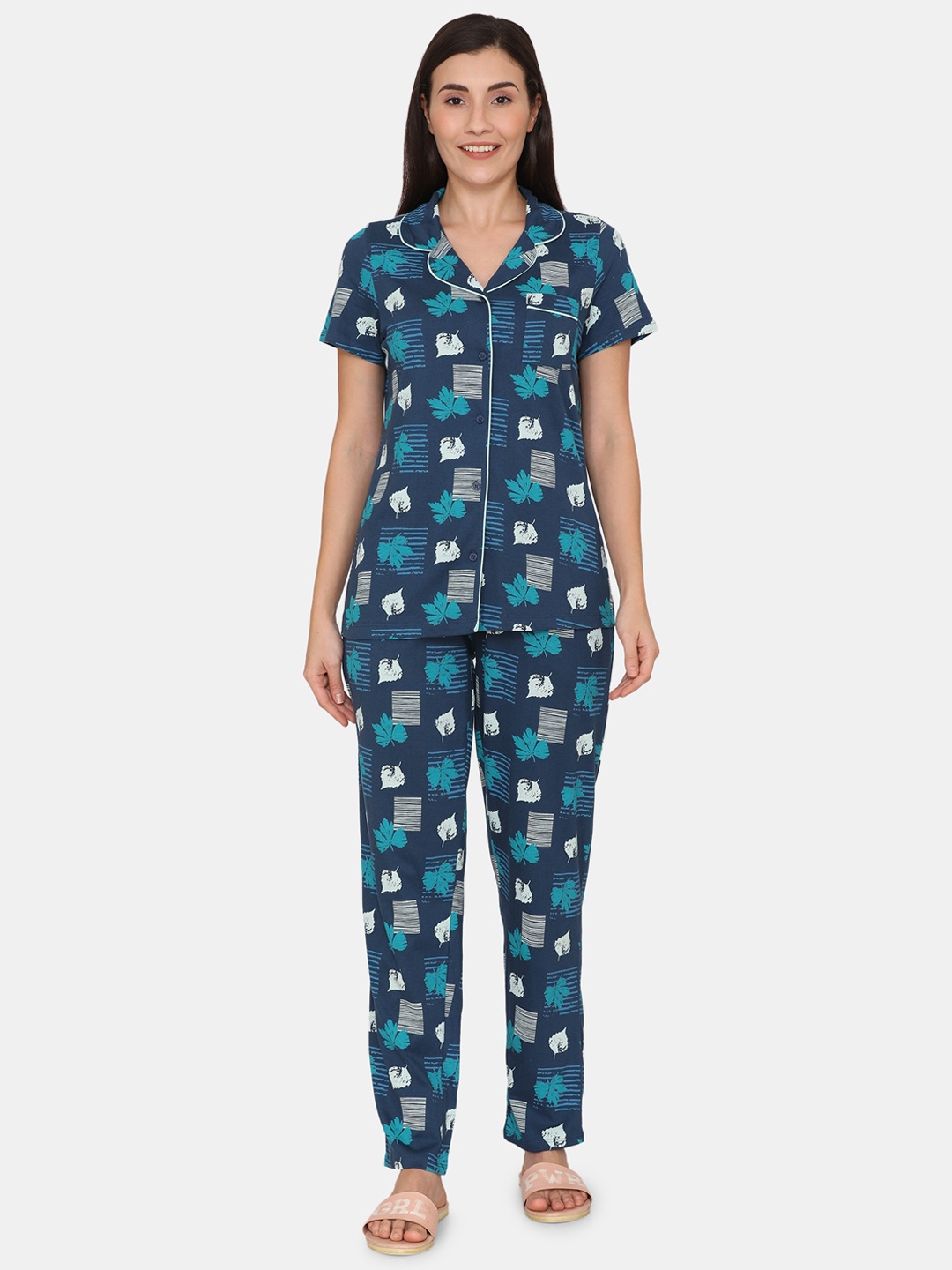 

Zivame Women Blue & Green Printed Night suit