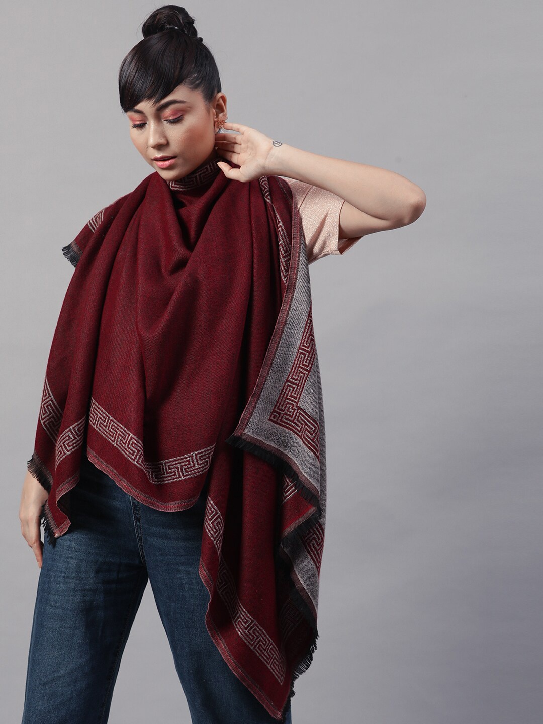 

STREET 9 Women Maroon & Grey Woven Design Stole