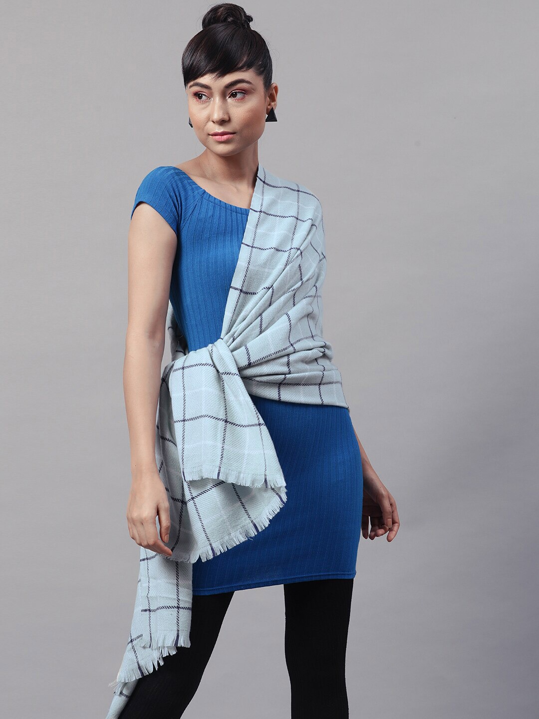 

STREET 9 Women Blue & White Checked Pure Acrylic Stole