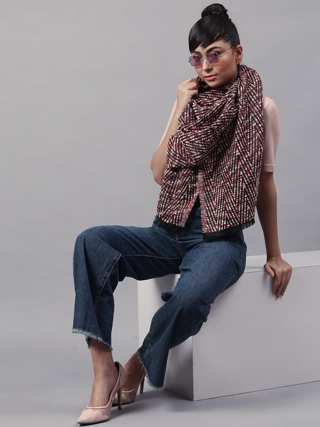 

STREET 9 Women Red & White Woven Design Stole