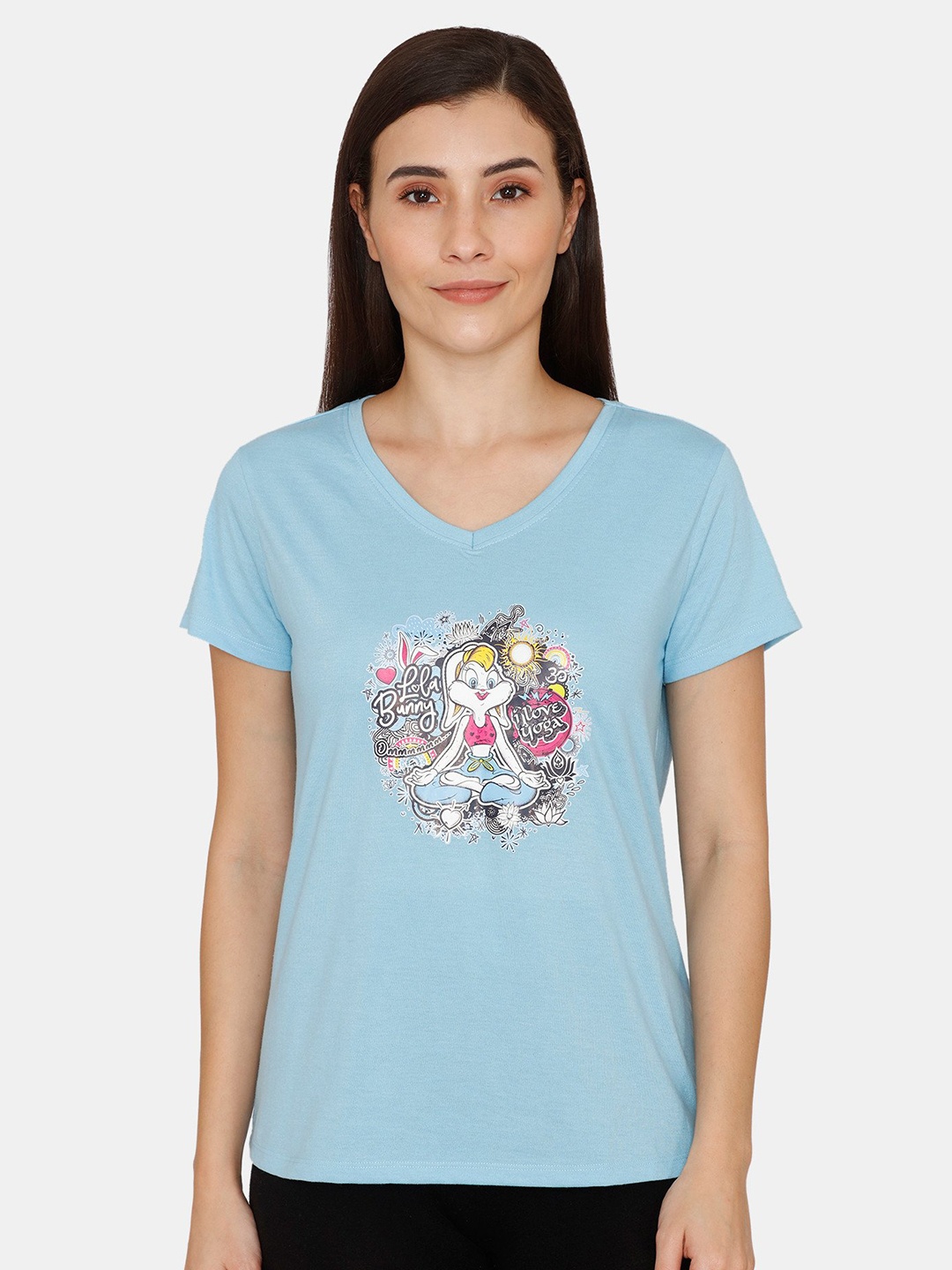 

Zivame Women Blue & Pink Printed V-Neck T-shirt