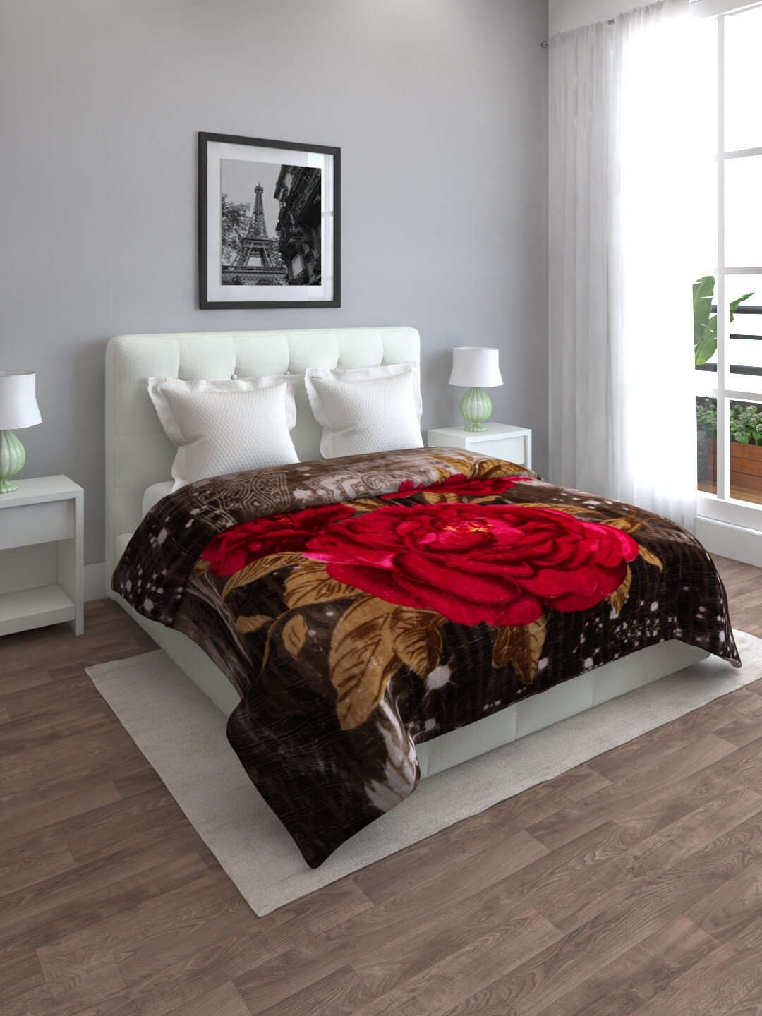 

ROMEE Brown & Red Floral 800 GSM Heavy Winter Double Bed Blanket