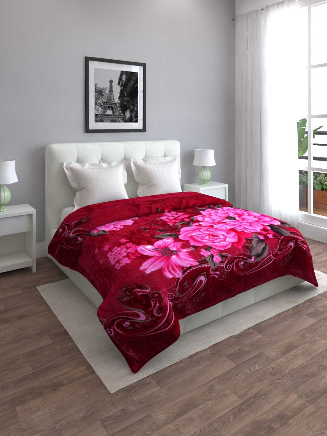 

ROMEE Maroon & Pink Floral Wool Heavy Winter Double Bed Blanket