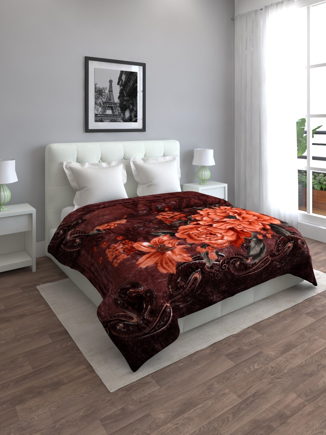 

ROMEE Brown & Orange Floral 800 GSM Heavy Winter Double Bed Blanket