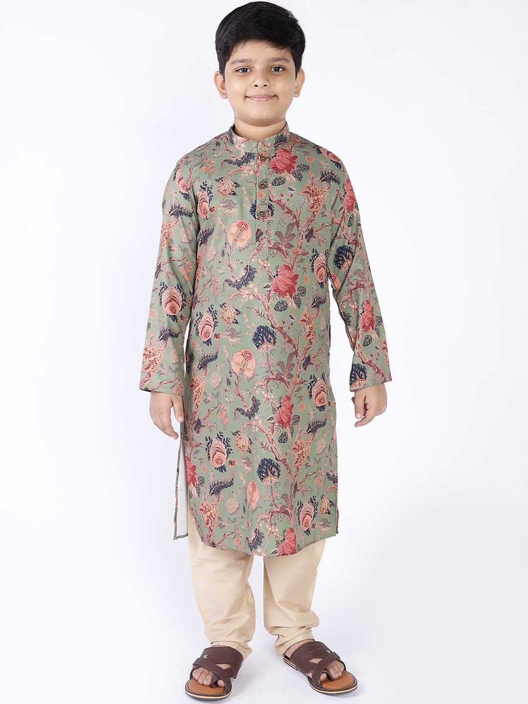 

TABARD Boys Green Floral Printed Kurta