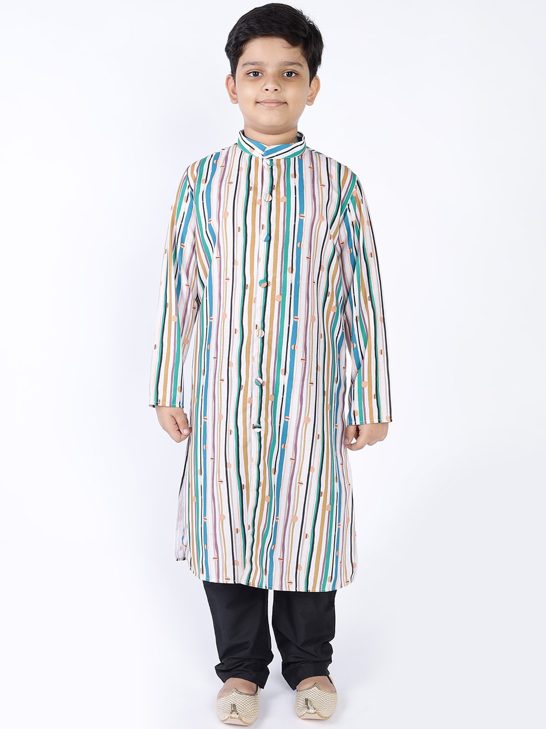 

TABARD Boys Beige Striped Patchwork Pathani Kurta