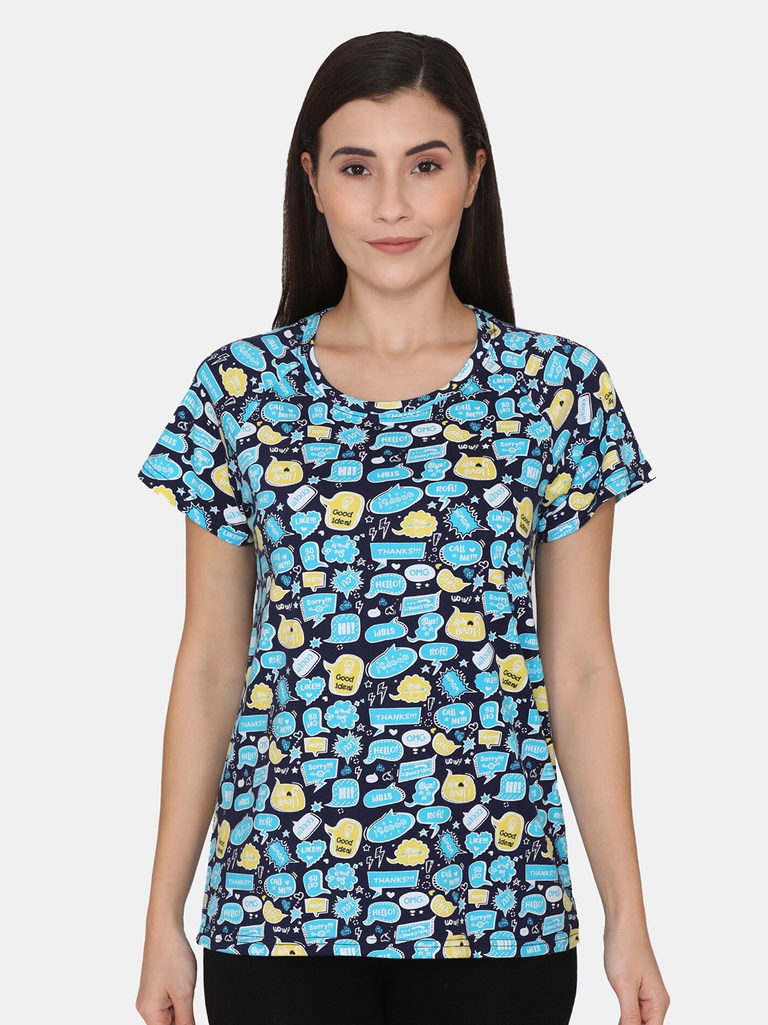 

Rosaline by Zivame Women Blue & Yellow Printed Pure Cotton T-shirt