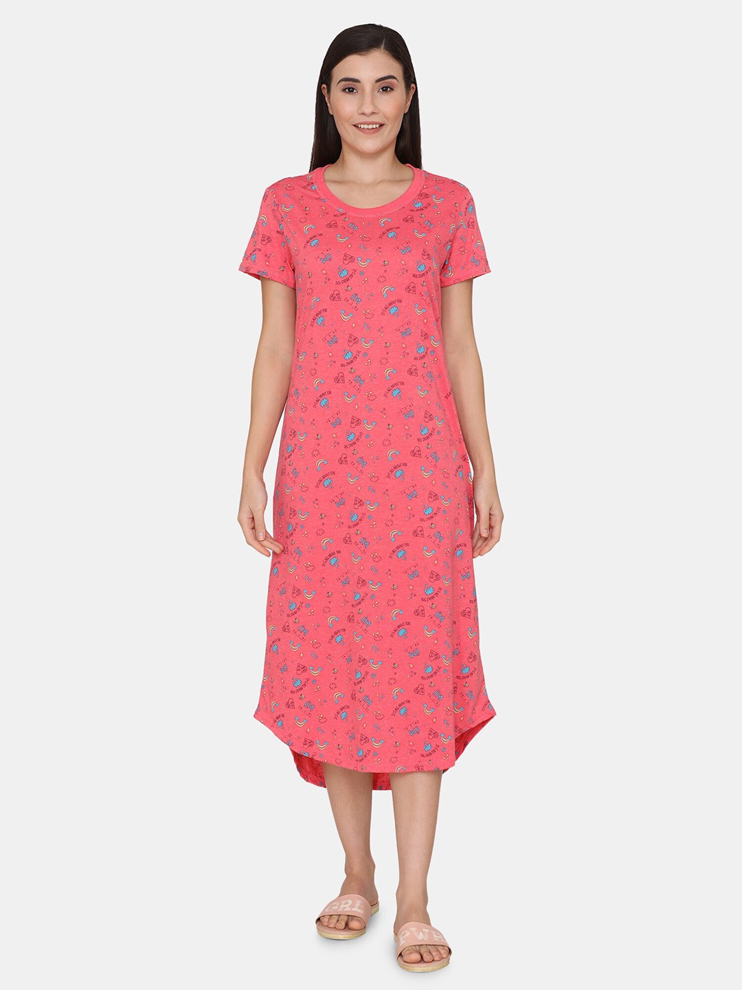 

Rosaline by Zivame Red Printed T-Shirt Nightdress