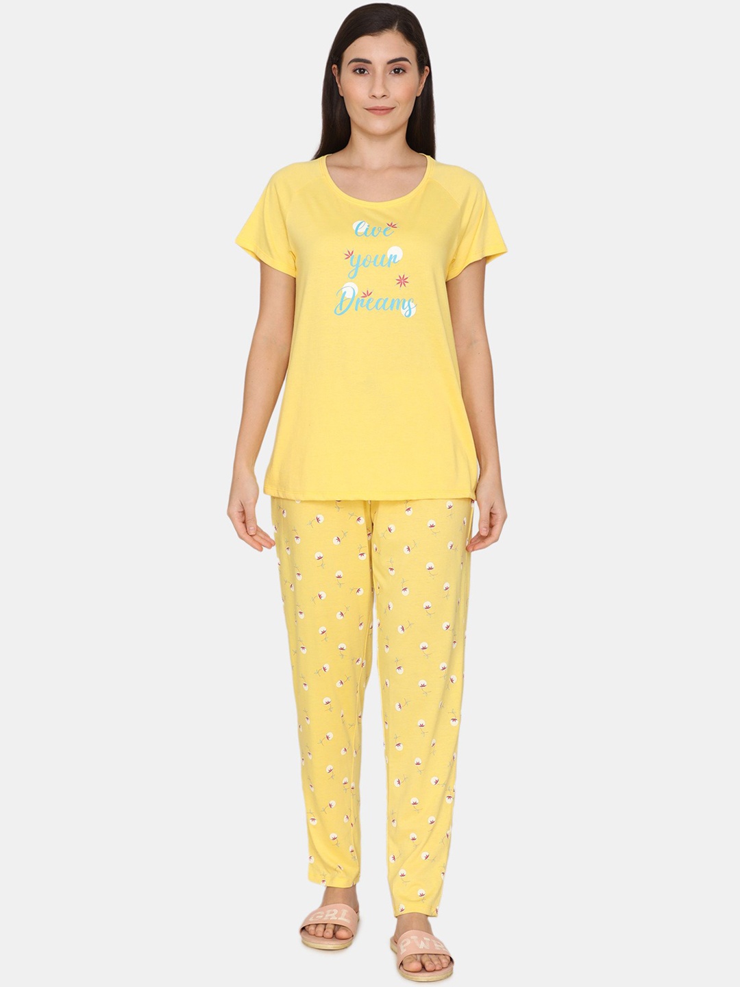 

Rosaline by Zivame Women Yellow Printed Night Suit