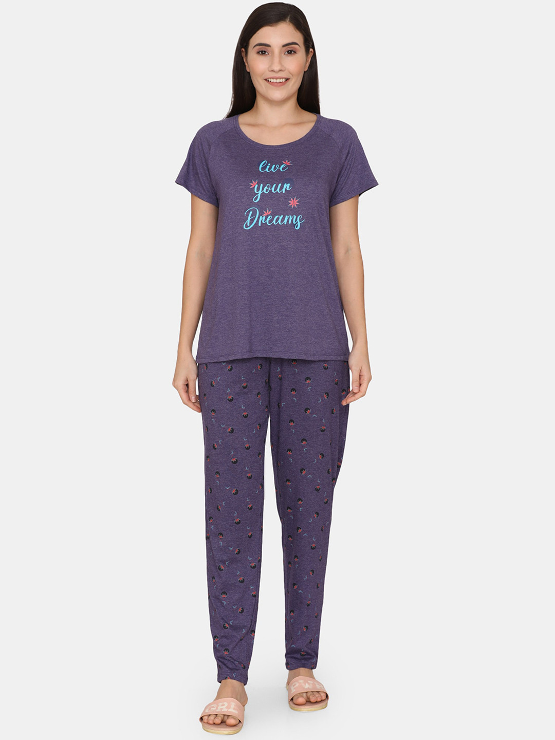 

Rosaline by Zivame Women Purple & Turquoise Blue Printed Night suit