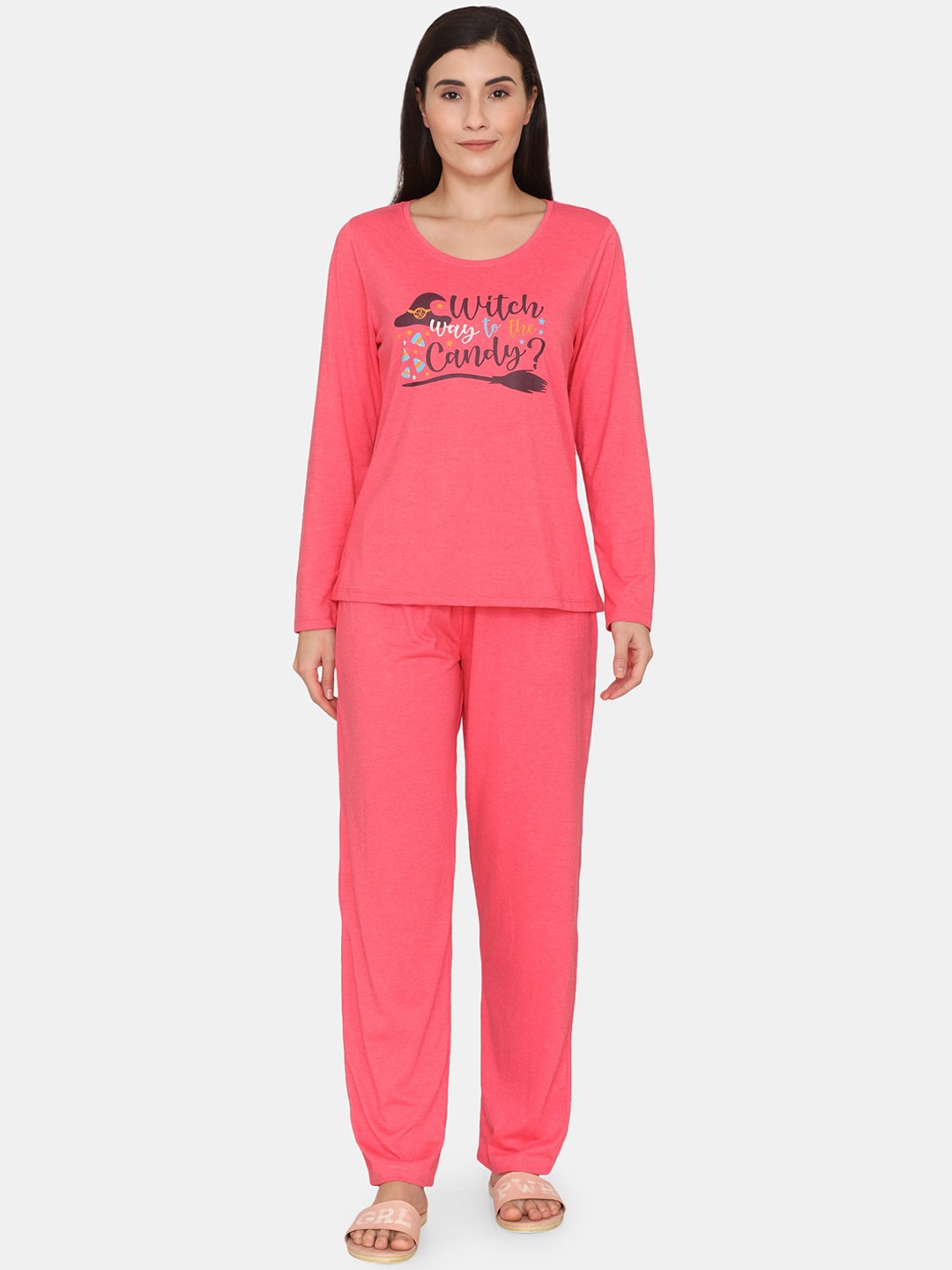 

Rosaline by Zivame Women Coral & Brown Printed Night suit