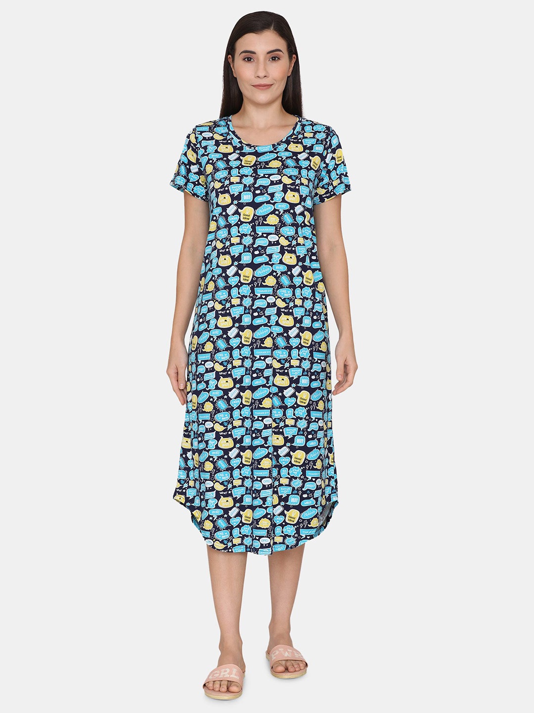 

Rosaline by Zivame Blue & Yellow Printed Pure Cotton T-shirt Nightdress
