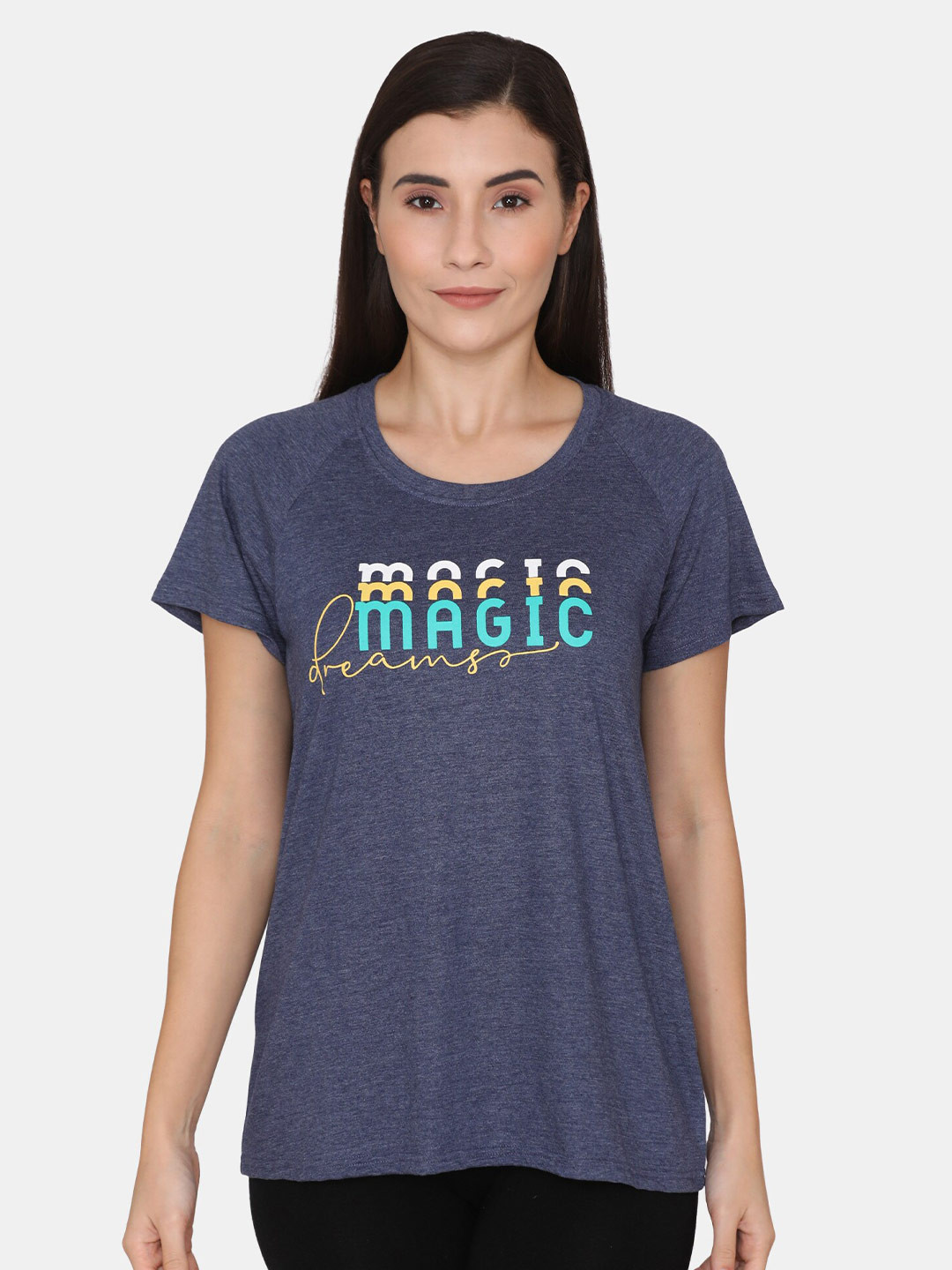 

Rosaline by Zivame Women Blue & Yellow Typography Printed T-shirt