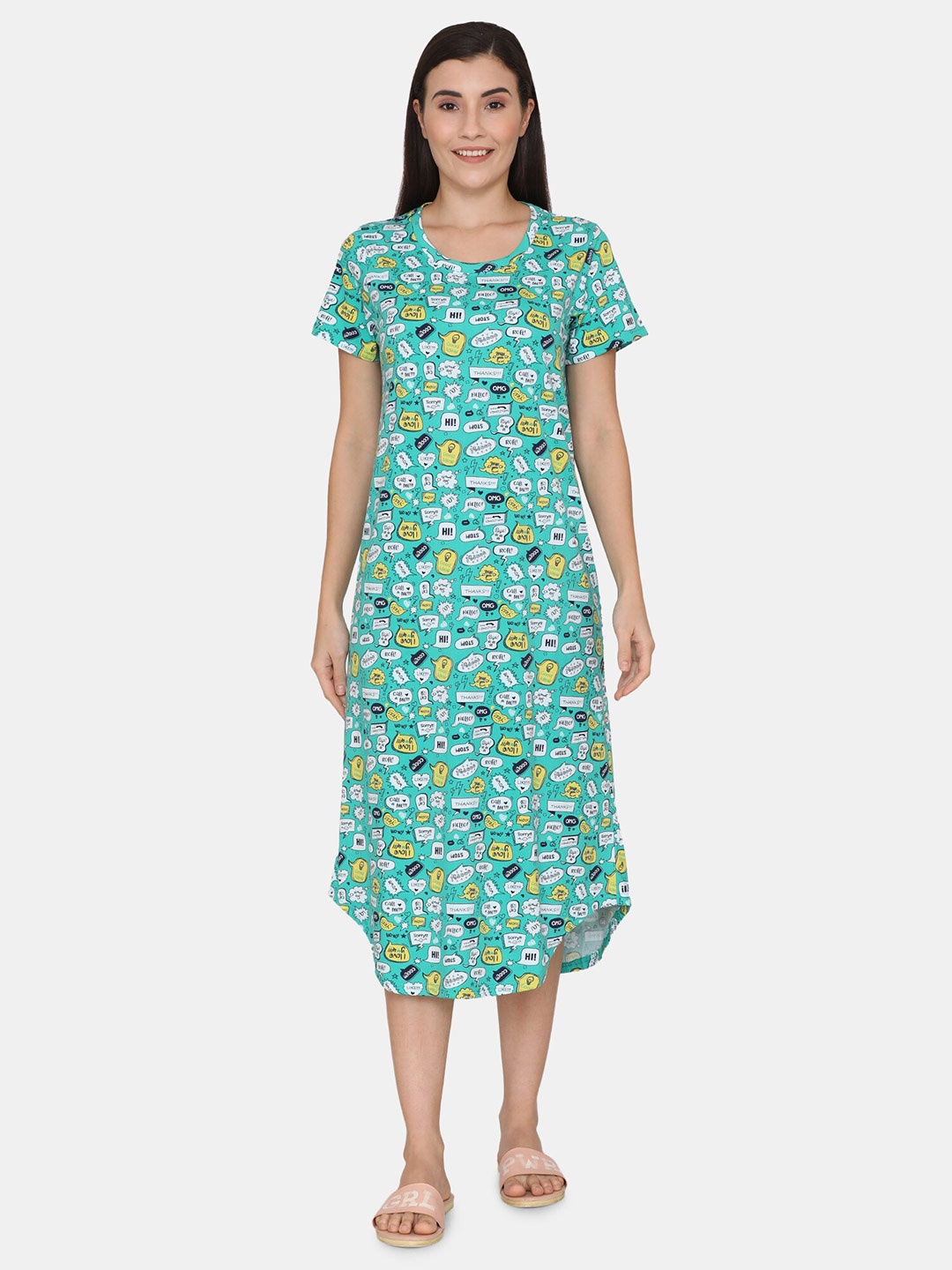 

Rosaline by Zivame Green & Yellow Printed Pure Cotton T-shirt Nightdress