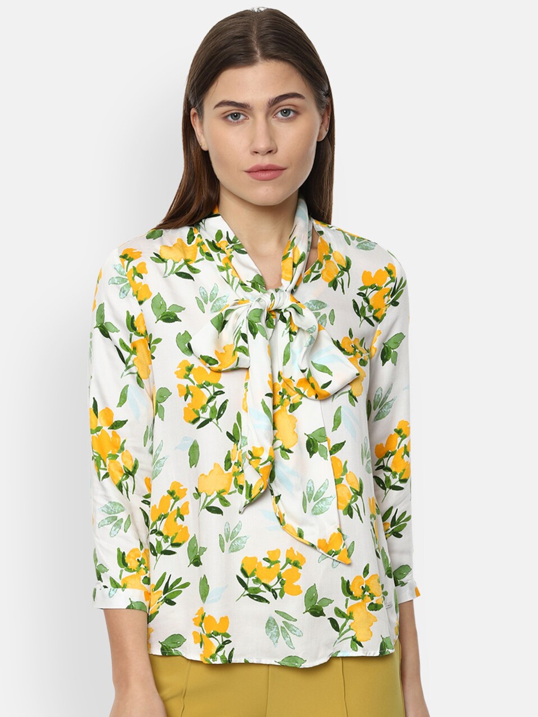 

Van Heusen Woman White & Yellow Floral Print Tie-Up Neck Top