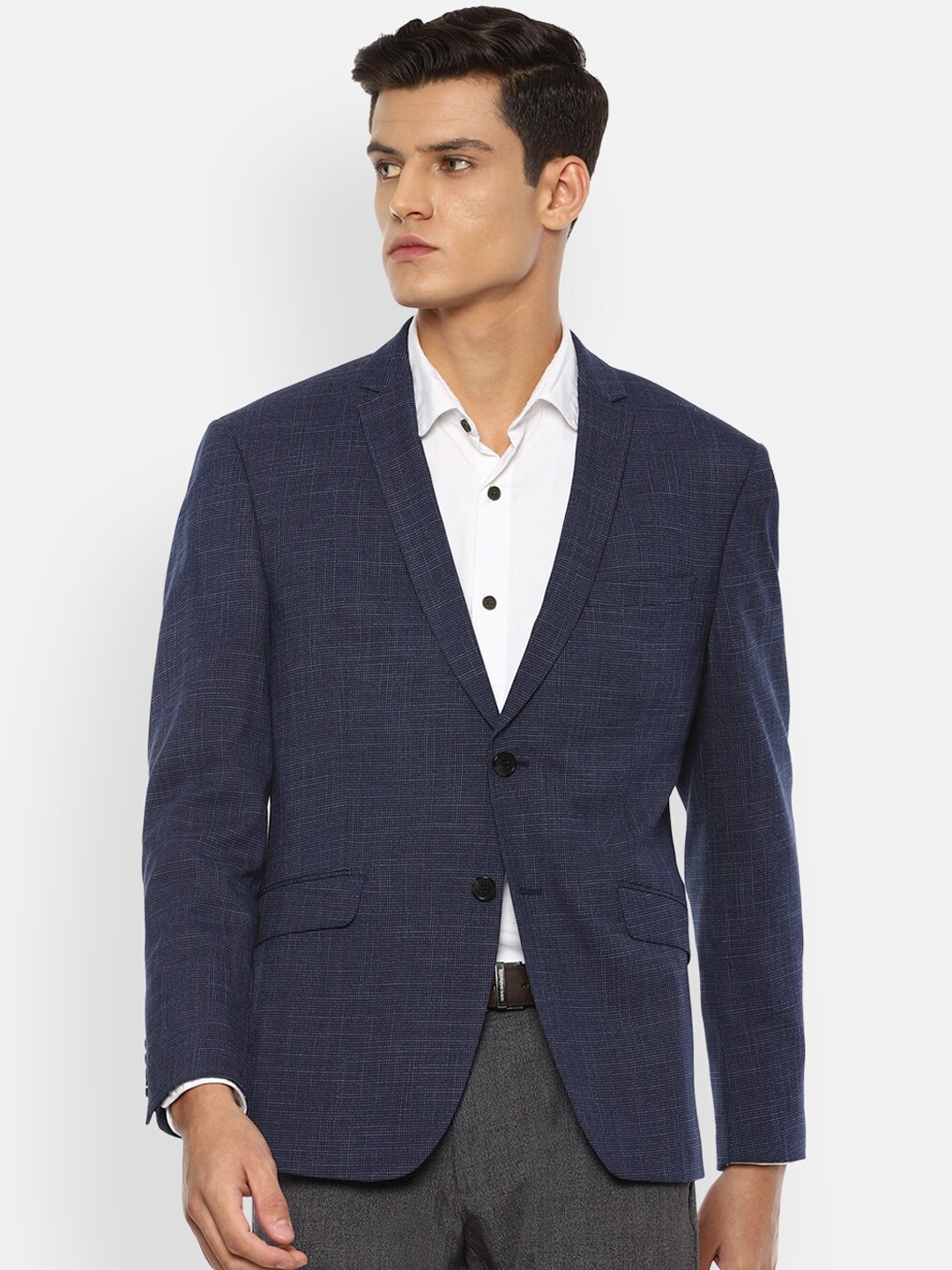 

V Dot Men Navy Blue Self Design Single-Breasted Slim-Fit Casual Blazer