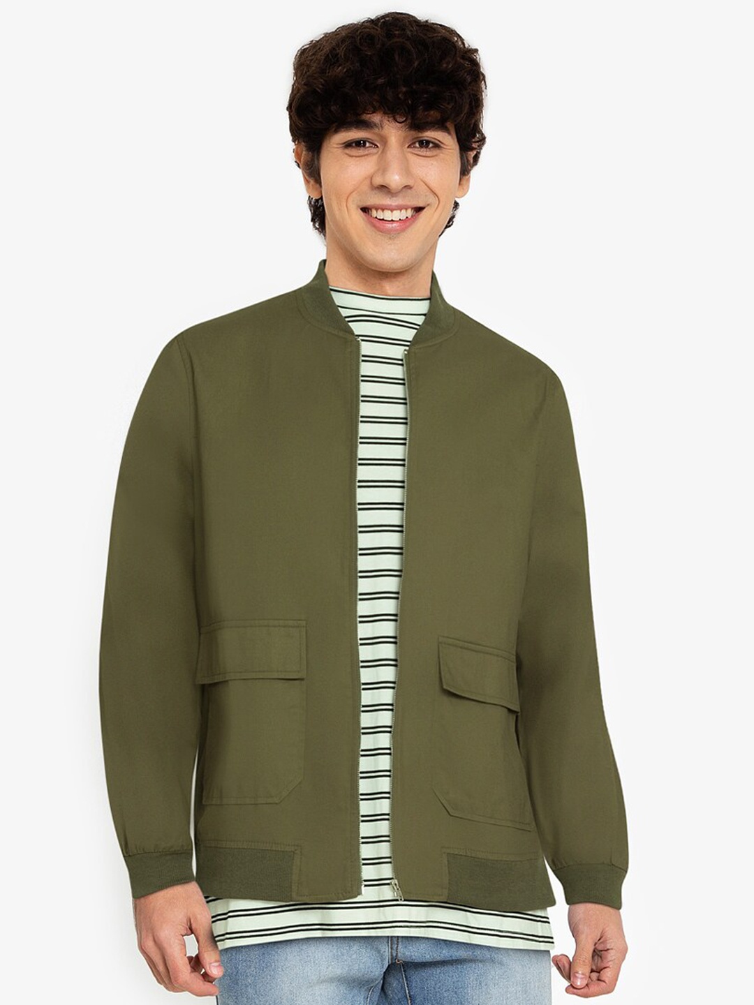 

ZALORA BASICS Men Olive Green Pure Cotton Lightweight Bomber Jacket