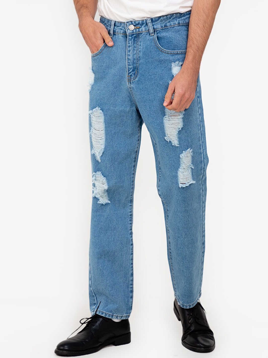 

ZALORA BASICS Men Blue Highly Distressed Ripped Slouchy Jeans