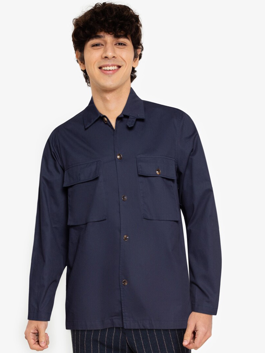 

ZALORA BASICS Men Navy Blue Lightweight Pure Cotton Tailored Jacket