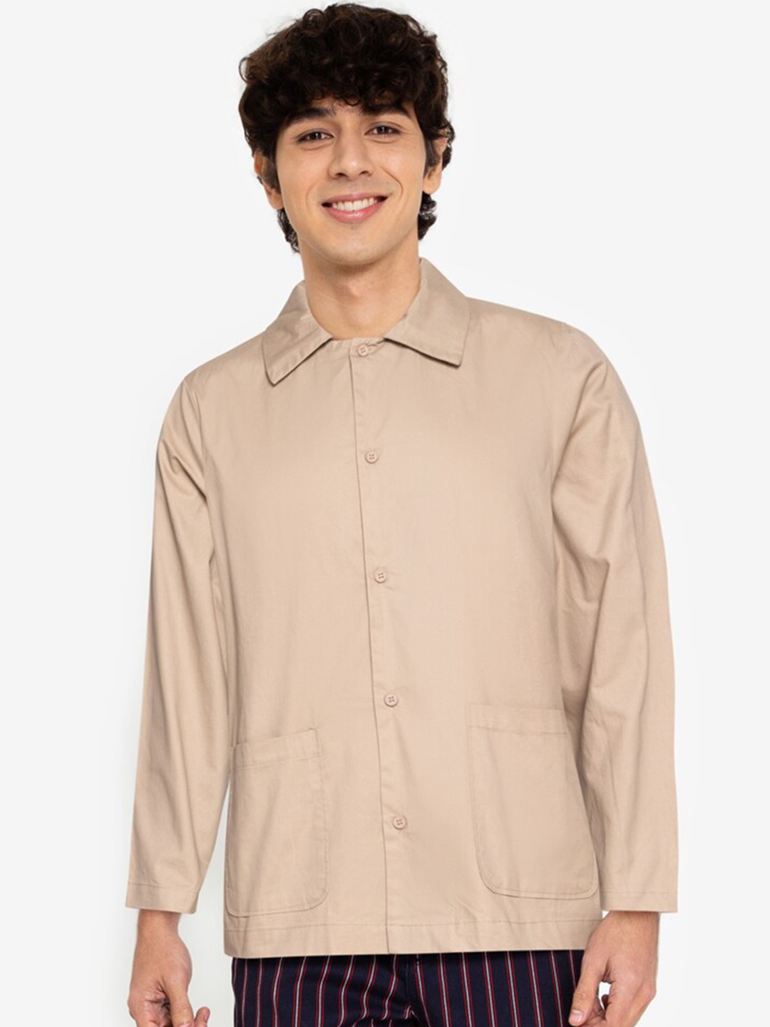 

ZALORA BASICS Men Beige Lightweight Double Pocket Pure Cotton Tailored Jacket