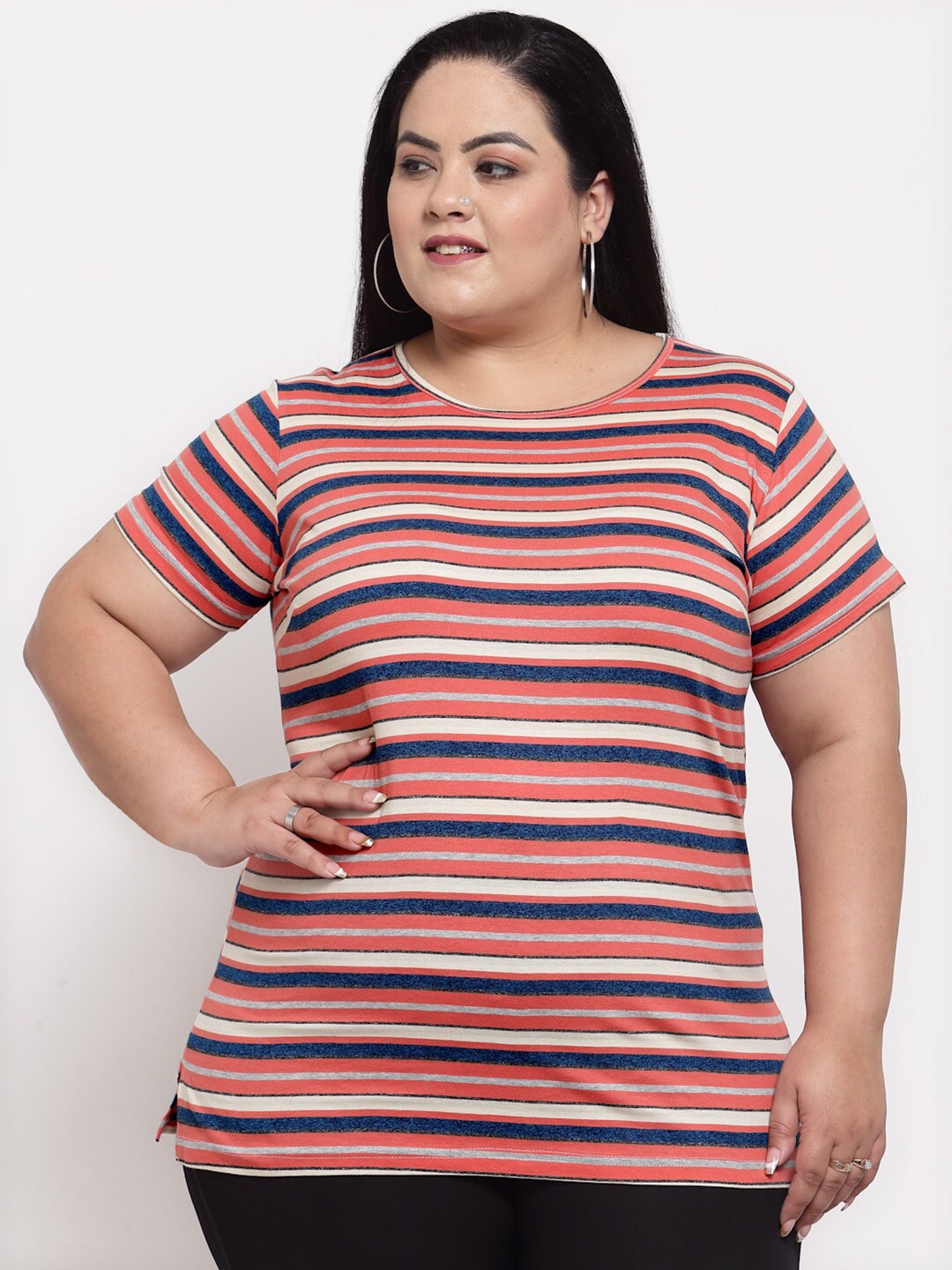 

plusS Women Plus Size Peach-Coloured & Blue Striped Cotton T-shirt