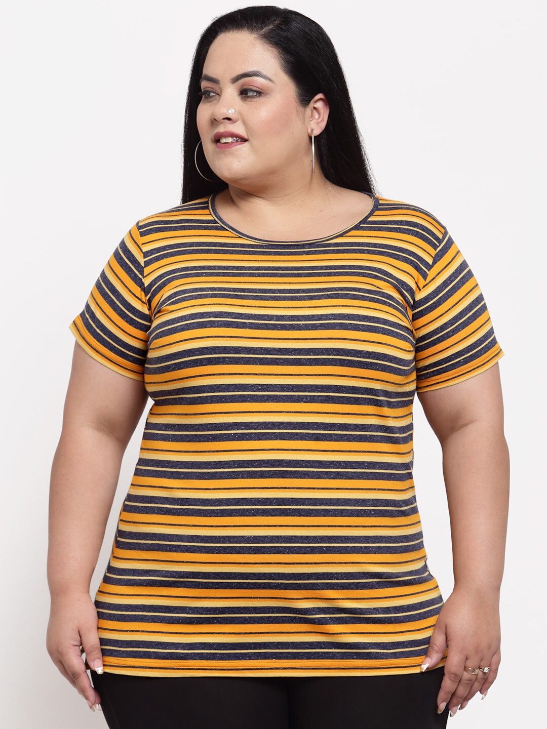 

plusS Women Mustard Yellow Striped Plus Size T-shirt