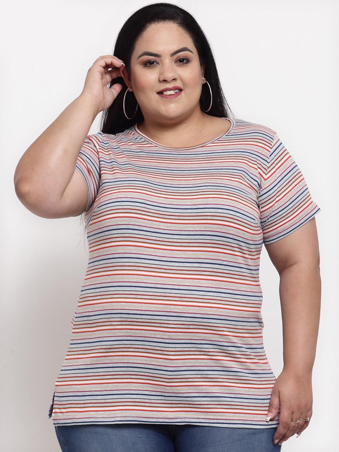 

plusS Women Multicoloured Striped Plus Size T-shirt, Multi