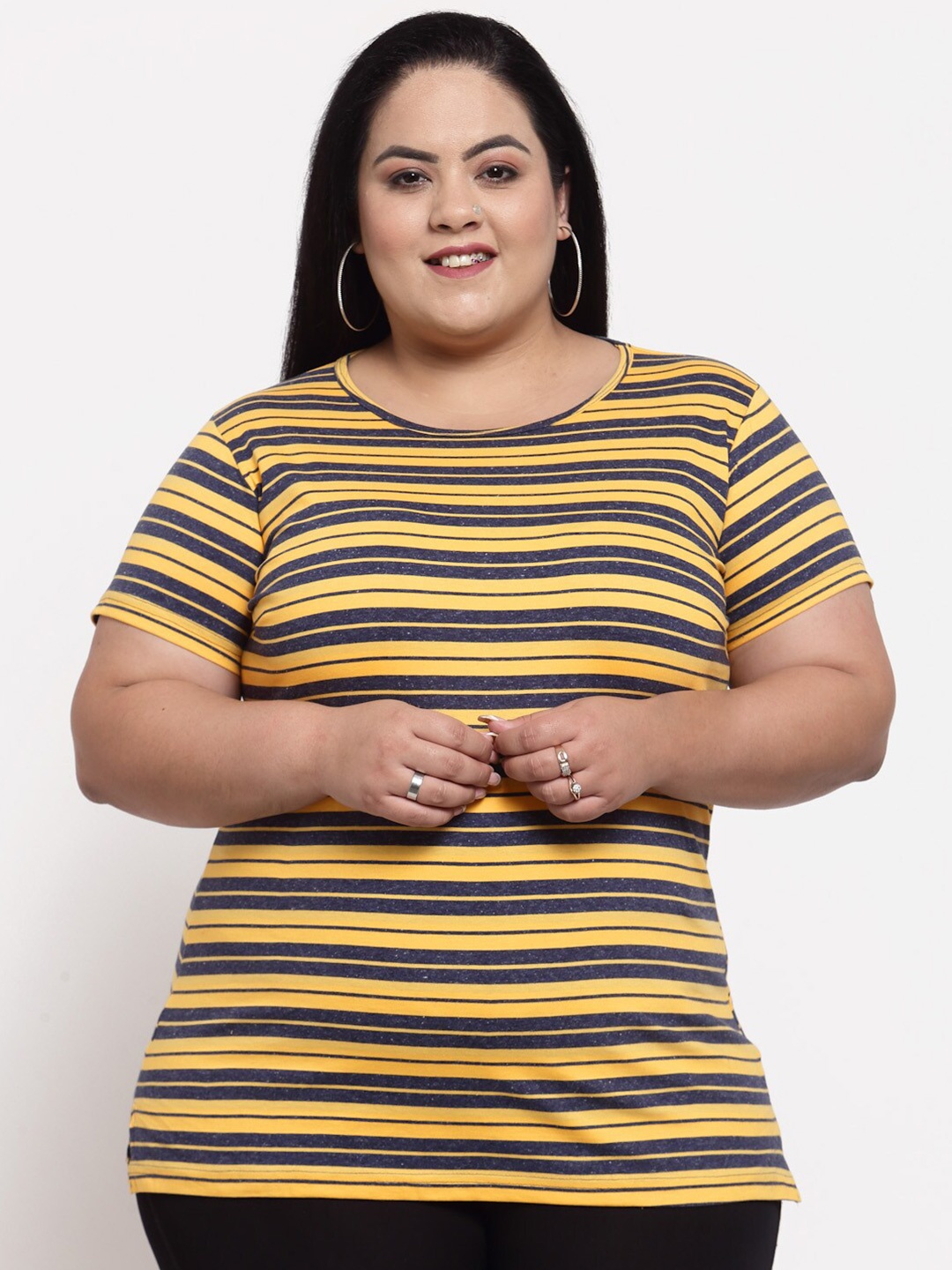 

plusS Women Plus Size Yellow & Blue Striped Cotton T-shirt