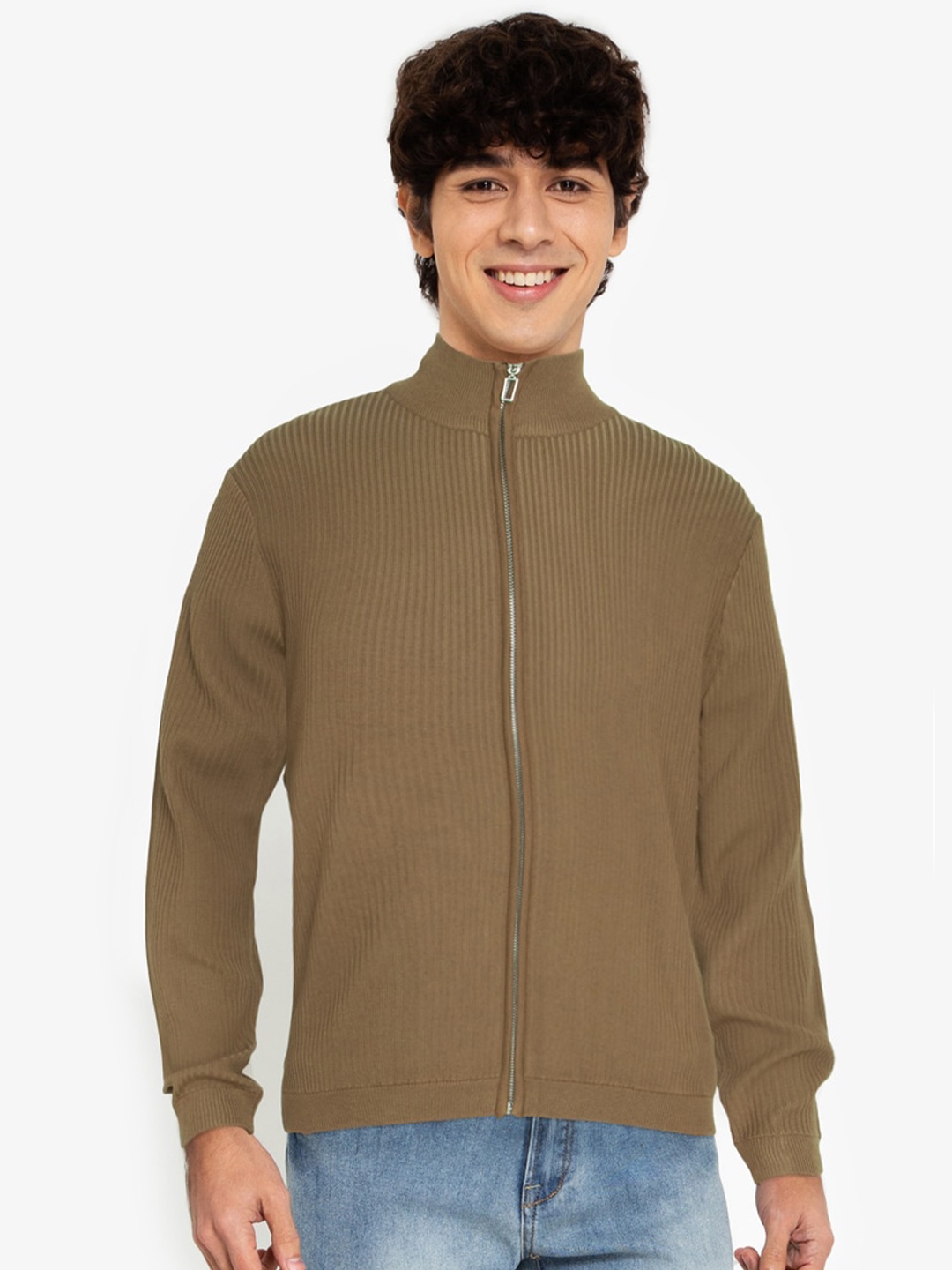 

ZALORA BASICS Men Brown Zipped Solid Cardigan