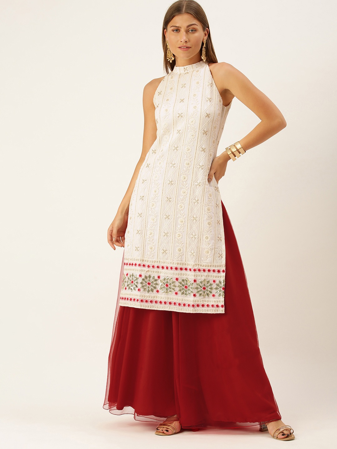 

Ethnovog Off White Red Embroidered Sequinned Made to Measure Lehenga Choli