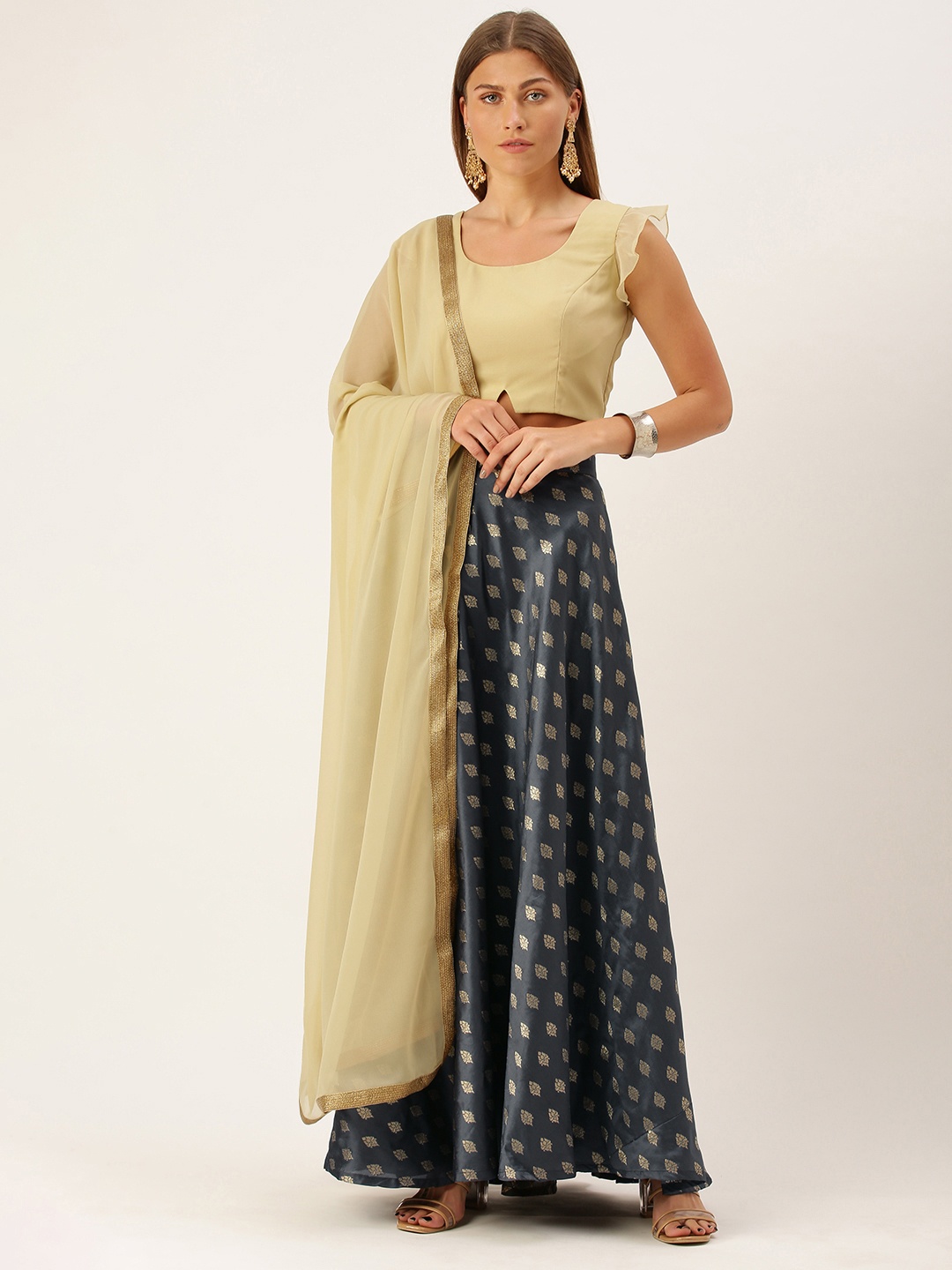 

Ethnovog Beige Navy Blue Made to Measure Lehenga Choli with Dupatta