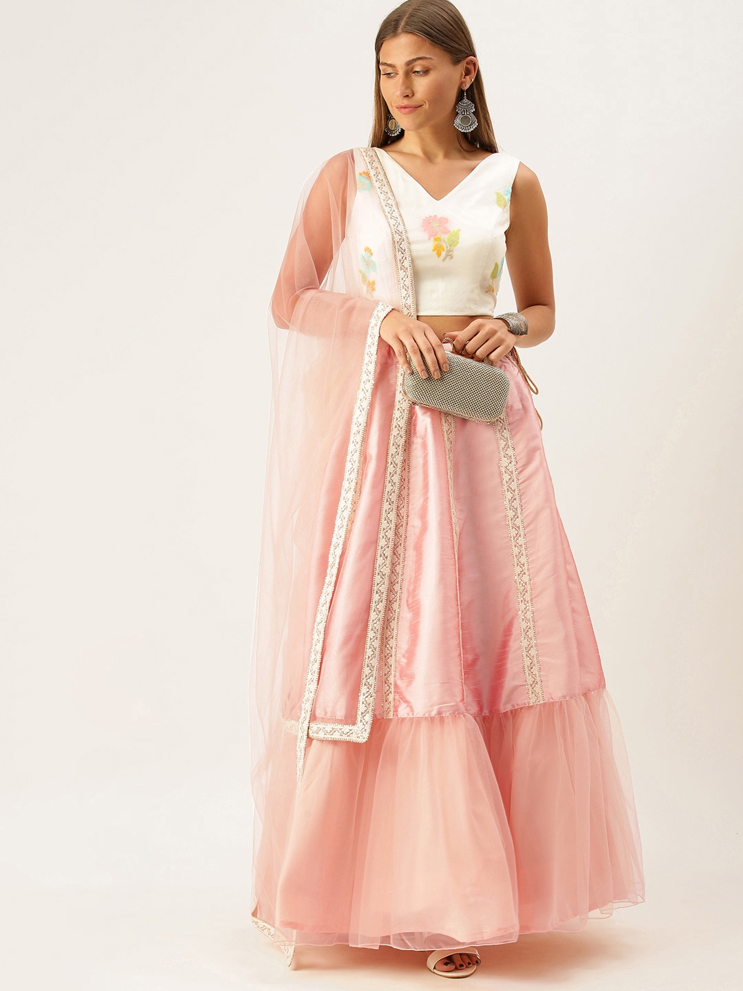 

Ethnovog Off White Pink Embroidered Made to Measure Lehenga Set with Dupatta