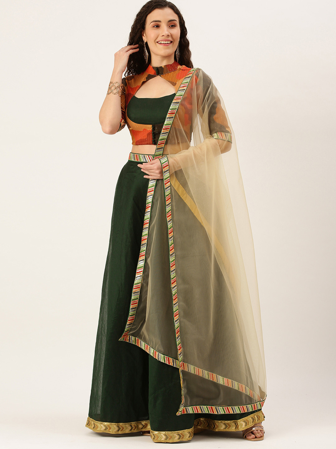

Ethnovog Green Peach-Coloured Printed Made to Measure Lehenga Set