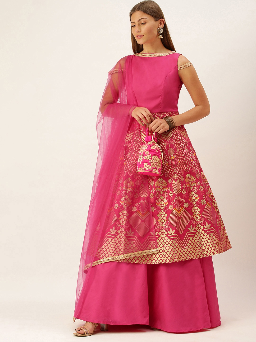 

Ethnovog Pink Golden Jacquard Made to Measure Lehenga Set with Dupatta